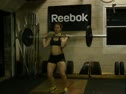 Tanya Wagner (!) does 21-15-9 BS, Thr, PJ, Push up on Barbell 95lbs