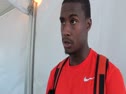 Dexter Faulk after mishap in 110 hurdle semis at USATF Outdoor Championships 2011