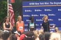 Mary Wittenburg with Lornah Kiplagat and Paula Radcliff on stage before NYRR mini