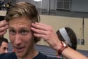 Collin Jarvis displays mullet with Cal teammates & Deborah Maier critiques at 2012 MPSF Champs